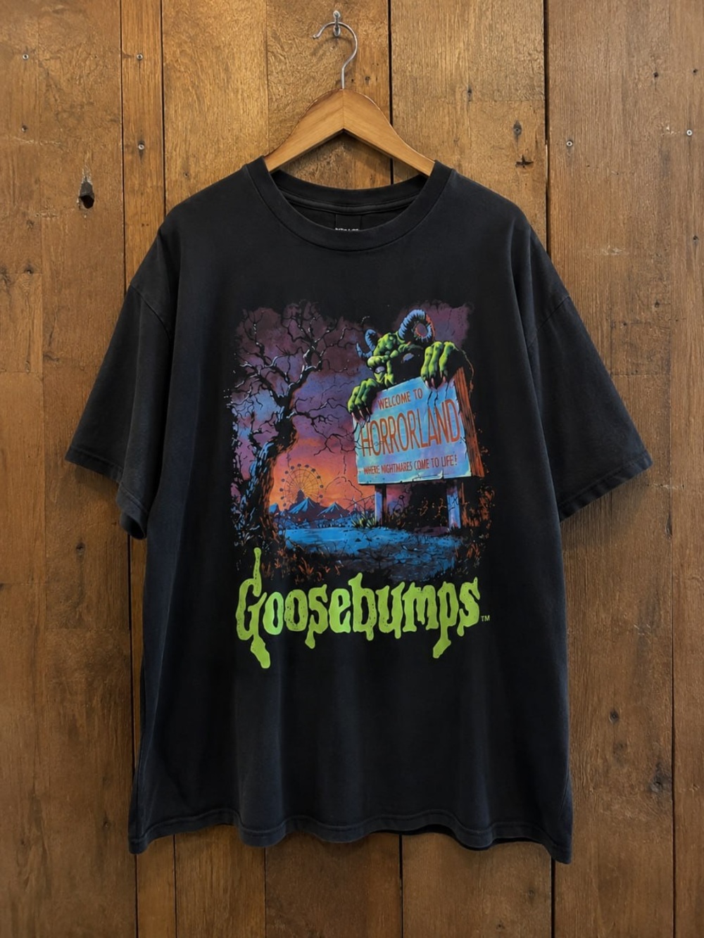 Gildan Black Goosebumps Horrorland Graphic Tee with Neon Green